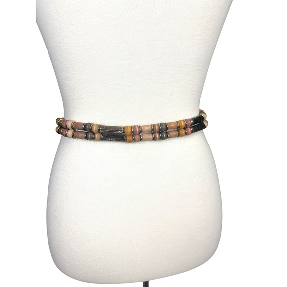 Vintage Wood Beaded Belt Gold Buckle Adjust. Size Small Boho Style Vintage 90s - Picture 4 of 13